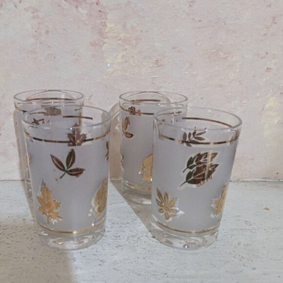 Libbey Vintage Gold Leaf Juice Glasses Set Of 4 Frosted Leaf Design Retro 4" - Picture 4 of 5